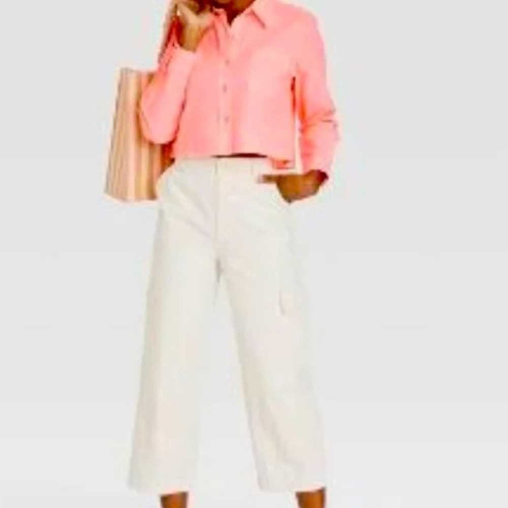 NWT Cropped Button-Up Long Sleeve Linen Blend Coral Neon Shirt MEDIUM
